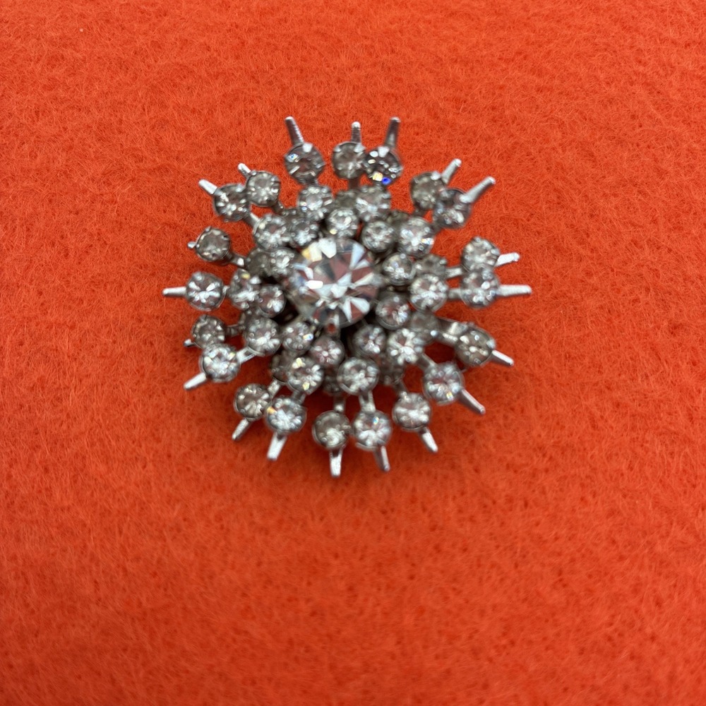 Vintage Silver Tone Rhinestone Sunburst Brooch At Pin 1.25 inch Atomic Flower